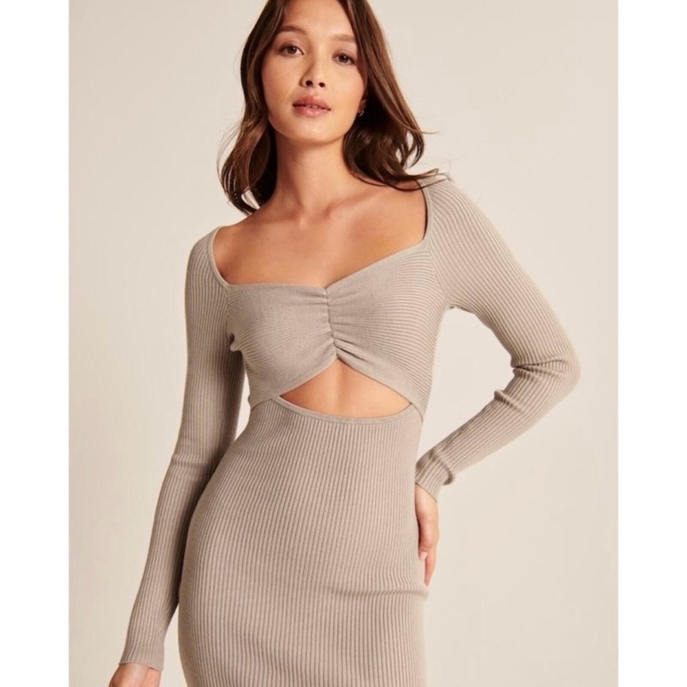 Abercrombie Tan Ribbed Cinched Front Cutout Long Sleeve Midi Sweater Dress L